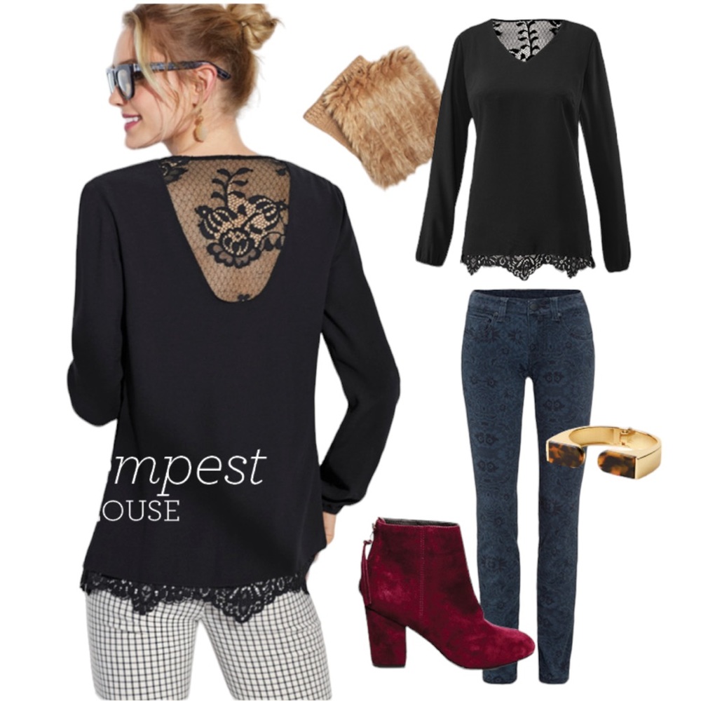 CAbi Black “Tempest” Long Sleeves Lace Back and Hem Blouse - Picture 2 of 12